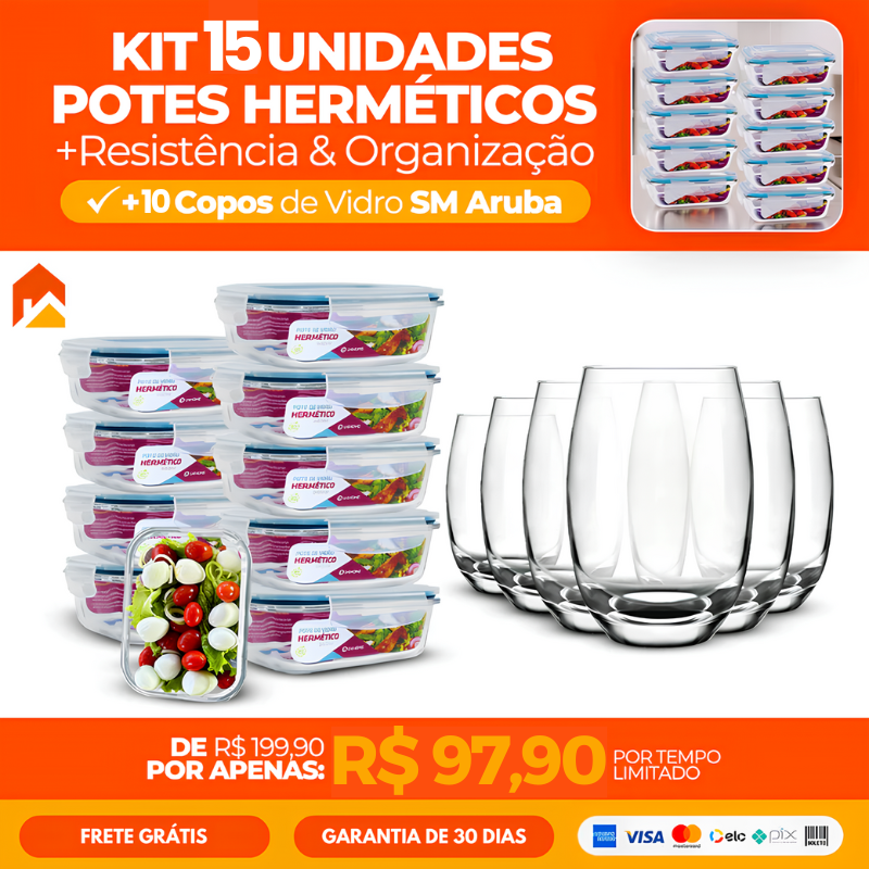 Kit com 15 Potes Herméticos de Vidro + 10 Copos